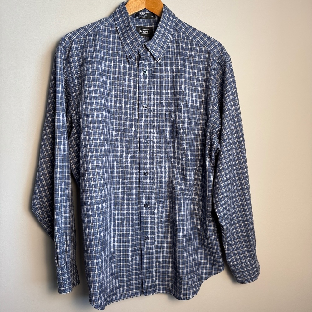 Haggar Men's‎ L Mini-Plaid Long Sleeve Button Up Shirt Wrinkle-Resistant Blue